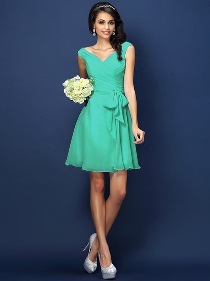 V-Neck Elegant Pleats Bowknot Sleeveless Short Chiffon Bridesmaid Dresses