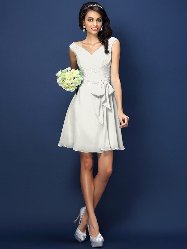 V-Neck Elegant Pleats Bowknot Sleeveless Short Chiffon Bridesmaid Dresses