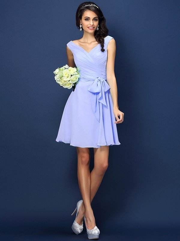 V-Neck Elegant Pleats Bowknot Sleeveless Short Chiffon Bridesmaid Dresses