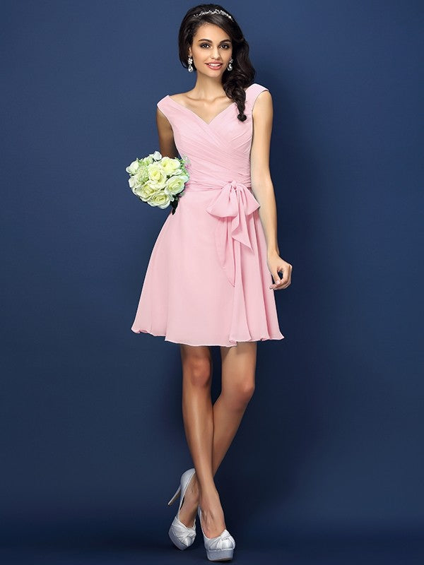 V-Neck Elegant Pleats Bowknot Sleeveless Short Chiffon Bridesmaid Dresses