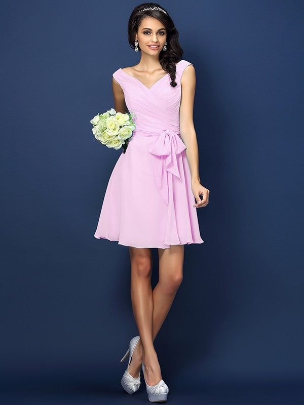 V-Neck Elegant Pleats Bowknot Sleeveless Short Chiffon Bridesmaid Dresses