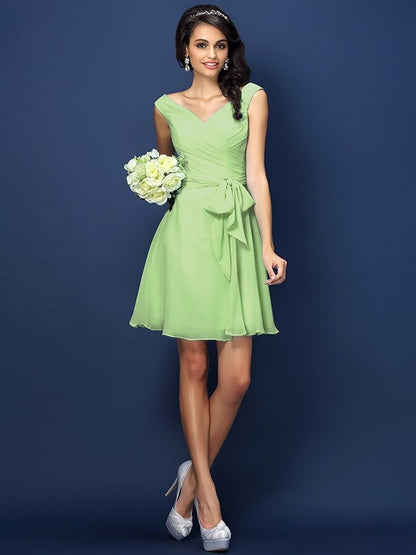 V-Neck Elegant Pleats Bowknot Sleeveless Short Chiffon Bridesmaid Dresses