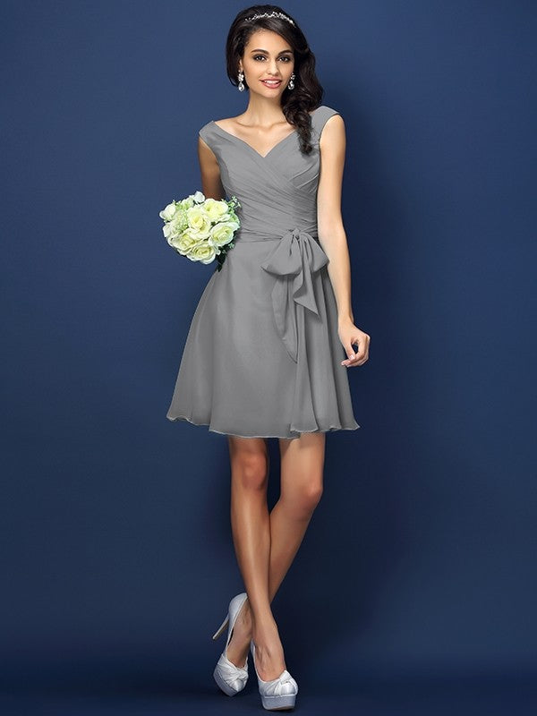 V-Neck Elegant Pleats Bowknot Sleeveless Short Chiffon Bridesmaid Dresses