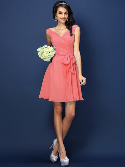 V-Neck Elegant Pleats Bowknot Sleeveless Short Chiffon Bridesmaid Dresses