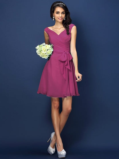 V-Neck Elegant Pleats Bowknot Sleeveless Short Chiffon Bridesmaid Dresses