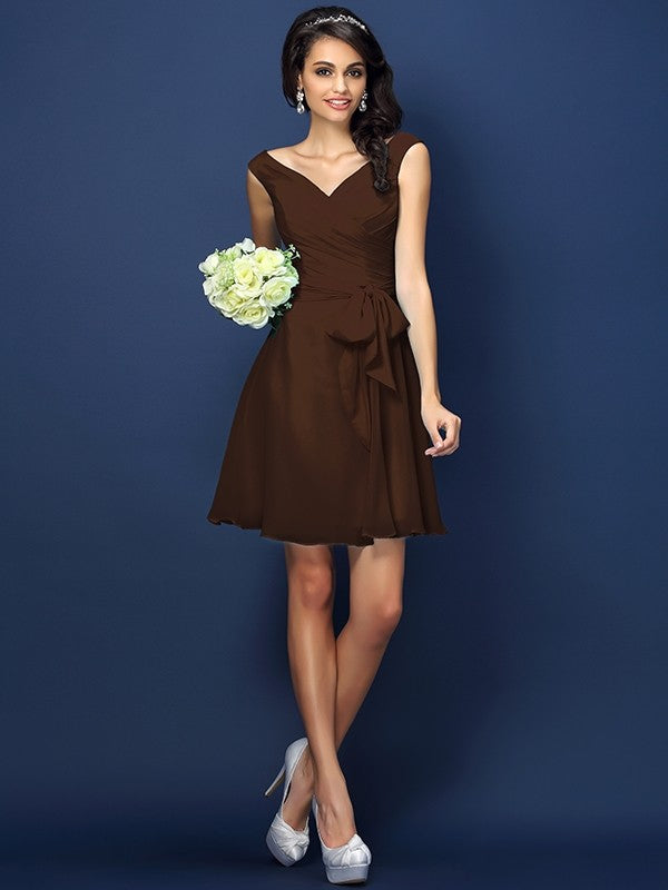 V-Neck Elegant Pleats Bowknot Sleeveless Short Chiffon Bridesmaid Dresses