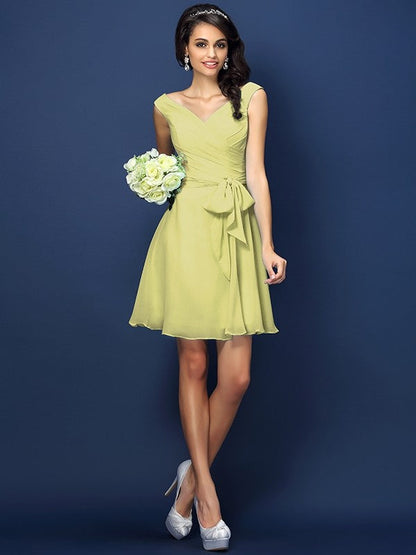 V-Neck Elegant Pleats Bowknot Sleeveless Short Chiffon Bridesmaid Dresses