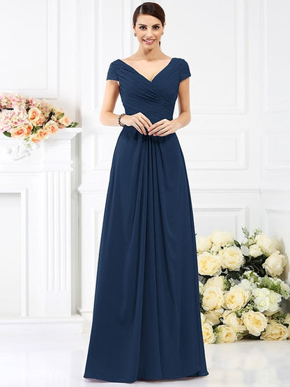 V-Neck Elegant Pleats Short Sleeves Long Chiffon Bridesmaid Dresses