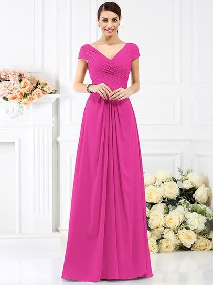 V-Neck Elegant Pleats Short Sleeves Long Chiffon Bridesmaid Dresses