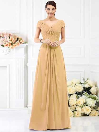 V-Neck Elegant Pleats Short Sleeves Long Chiffon Bridesmaid Dresses