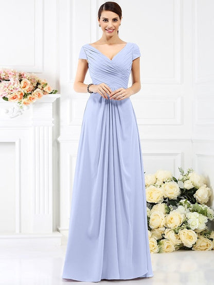 V-Neck Elegant Pleats Short Sleeves Long Chiffon Bridesmaid Dresses