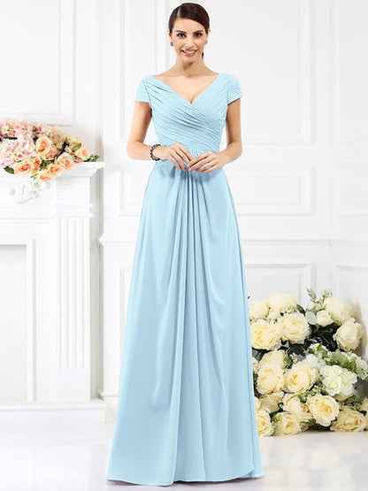 V-Neck Elegant Pleats Short Sleeves Long Chiffon Bridesmaid Dresses