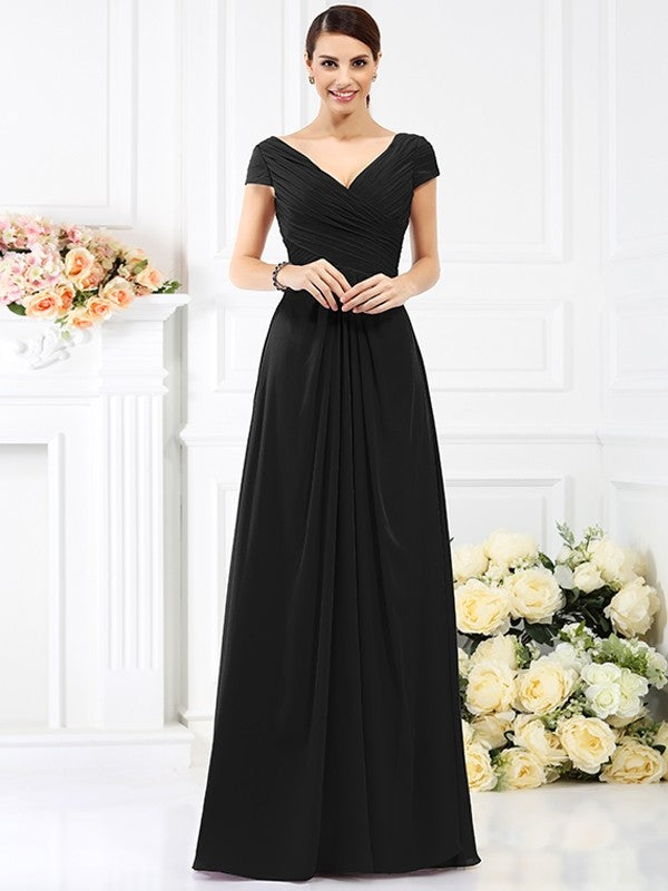 V-Neck Elegant Pleats Short Sleeves Long Chiffon Bridesmaid Dresses