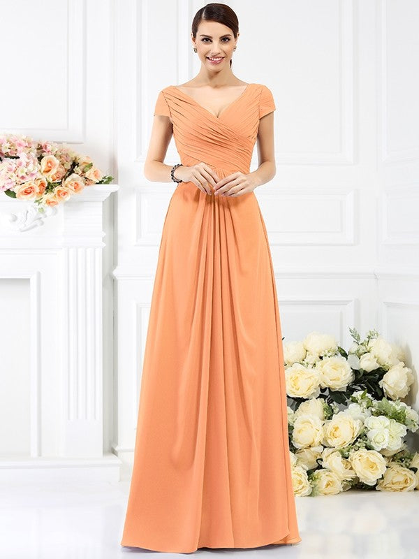 V-Neck Elegant Pleats Short Sleeves Long Chiffon Bridesmaid Dresses