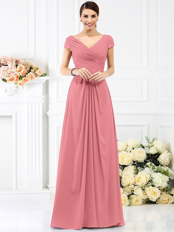 V-Neck Elegant Pleats Short Sleeves Long Chiffon Bridesmaid Dresses