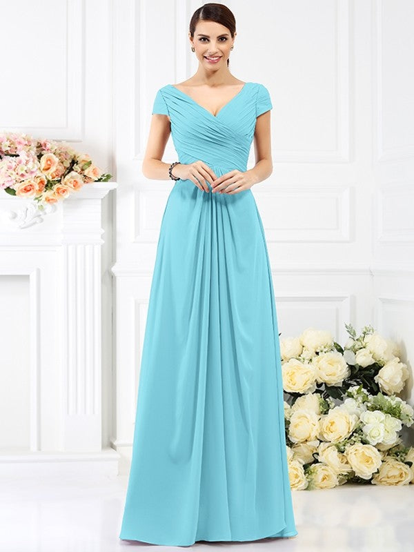 V-Neck Elegant Pleats Short Sleeves Long Chiffon Bridesmaid Dresses