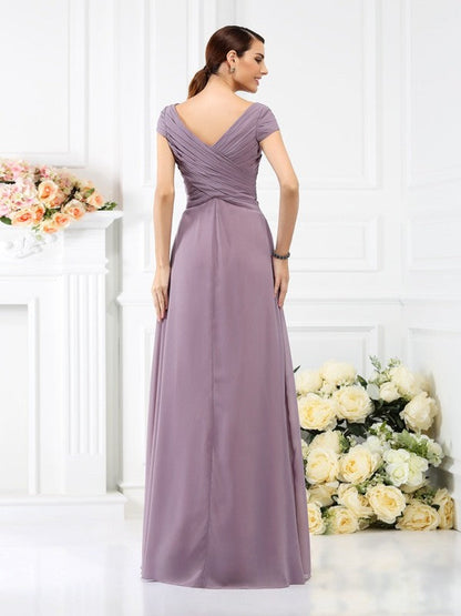 V-Neck Elegant Pleats Short Sleeves Long Chiffon Bridesmaid Dresses