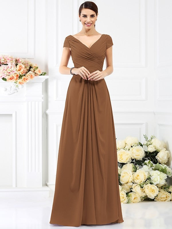 V-Neck Elegant Pleats Short Sleeves Long Chiffon Bridesmaid Dresses