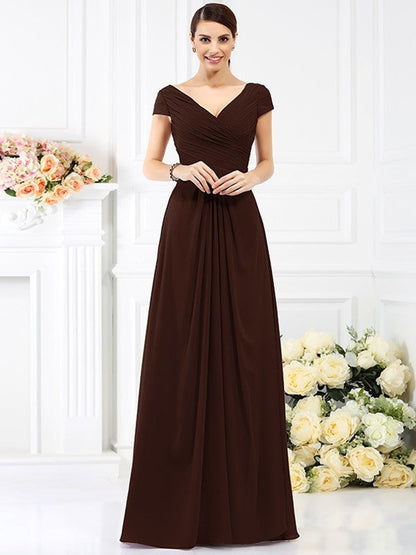 V-Neck Elegant Pleats Short Sleeves Long Chiffon Bridesmaid Dresses