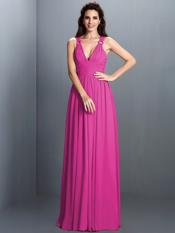 V-Neck Elegant Pleats Sleeveless Long Chiffon Bridesmaid Dresses