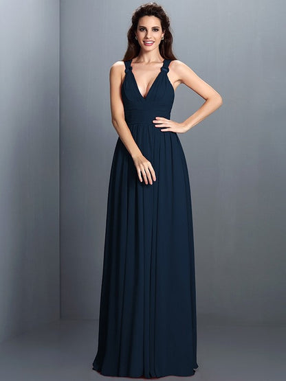 V-Neck Elegant Pleats Sleeveless Long Chiffon Bridesmaid Dresses