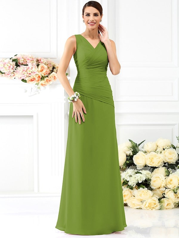 V-Neck Elegant Pleats Sleeveless Long Chiffon Bridesmaid Dresses