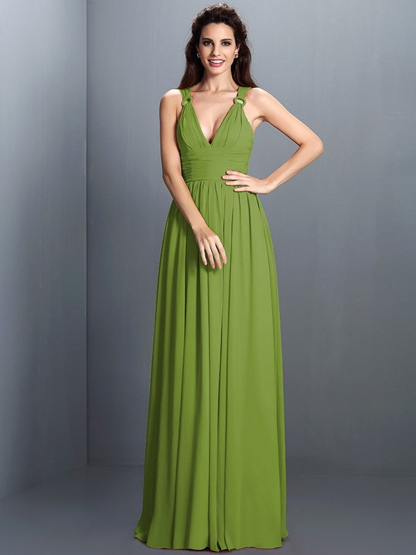 V-Neck Elegant Pleats Sleeveless Long Chiffon Bridesmaid Dresses