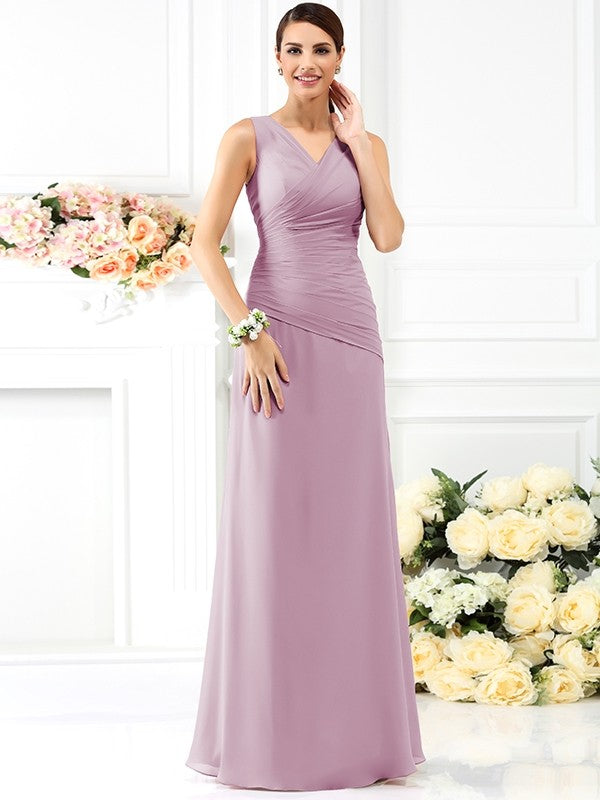 V-Neck Elegant Pleats Sleeveless Long Chiffon Bridesmaid Dresses