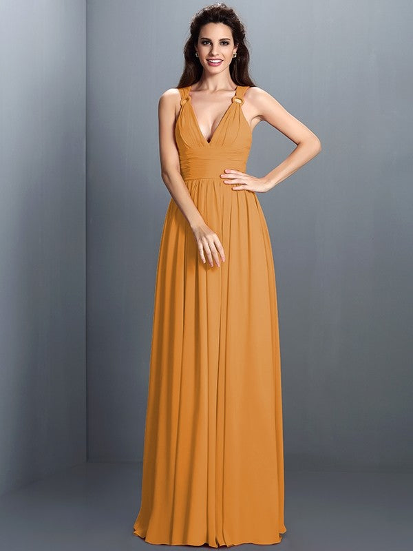 V-Neck Elegant Pleats Sleeveless Long Chiffon Bridesmaid Dresses