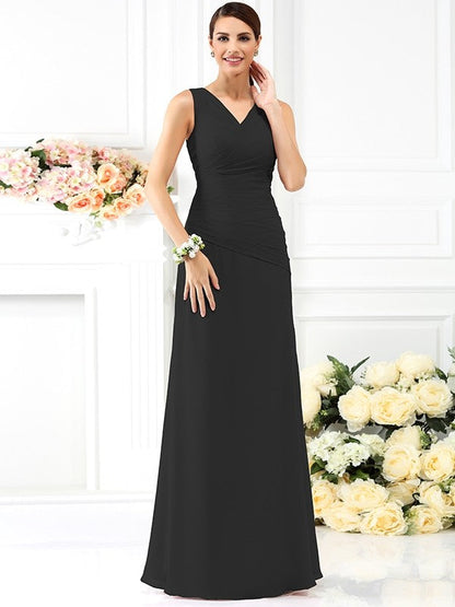 V-Neck Elegant Pleats Sleeveless Long Chiffon Bridesmaid Dresses