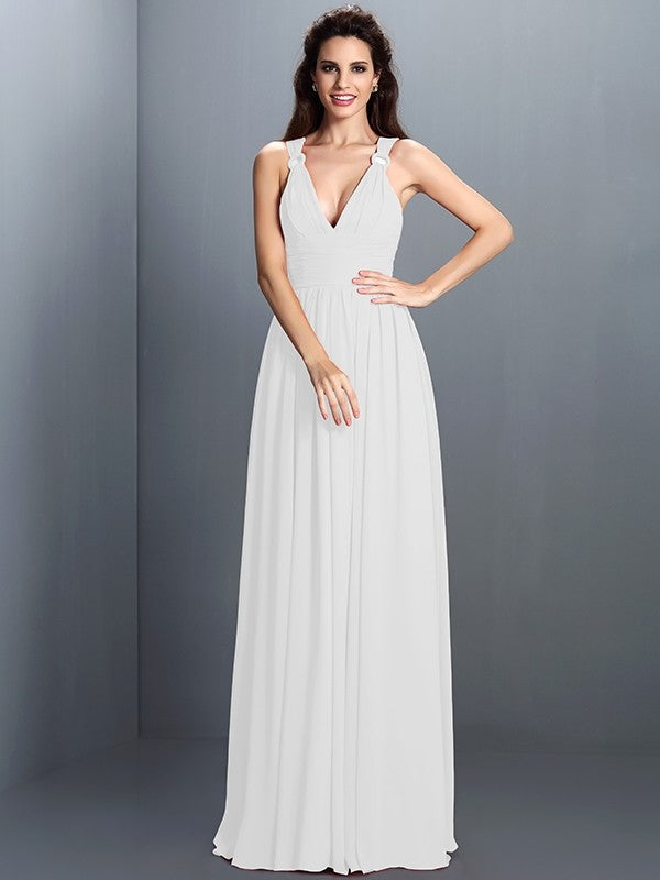 V-Neck Elegant Pleats Sleeveless Long Chiffon Bridesmaid Dresses