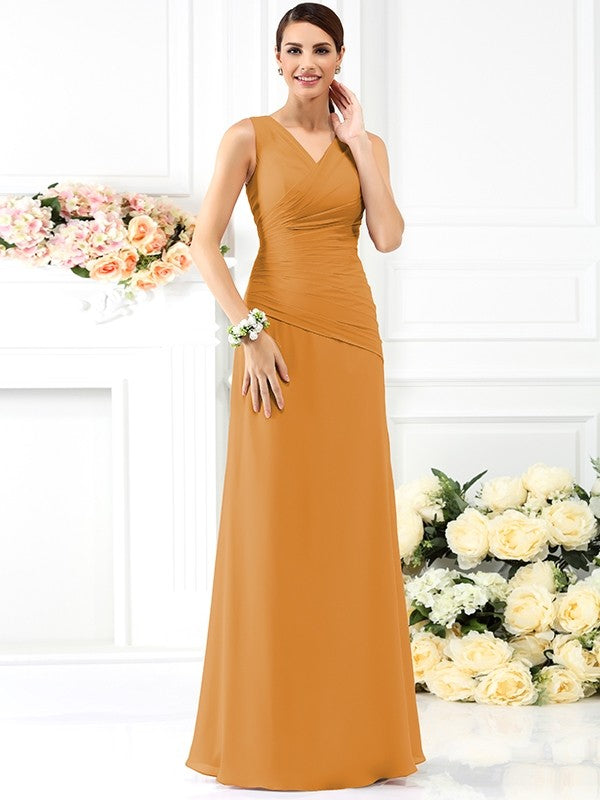 V-Neck Elegant Pleats Sleeveless Long Chiffon Bridesmaid Dresses