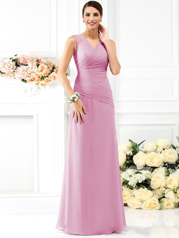 V-Neck Elegant Pleats Sleeveless Long Chiffon Bridesmaid Dresses