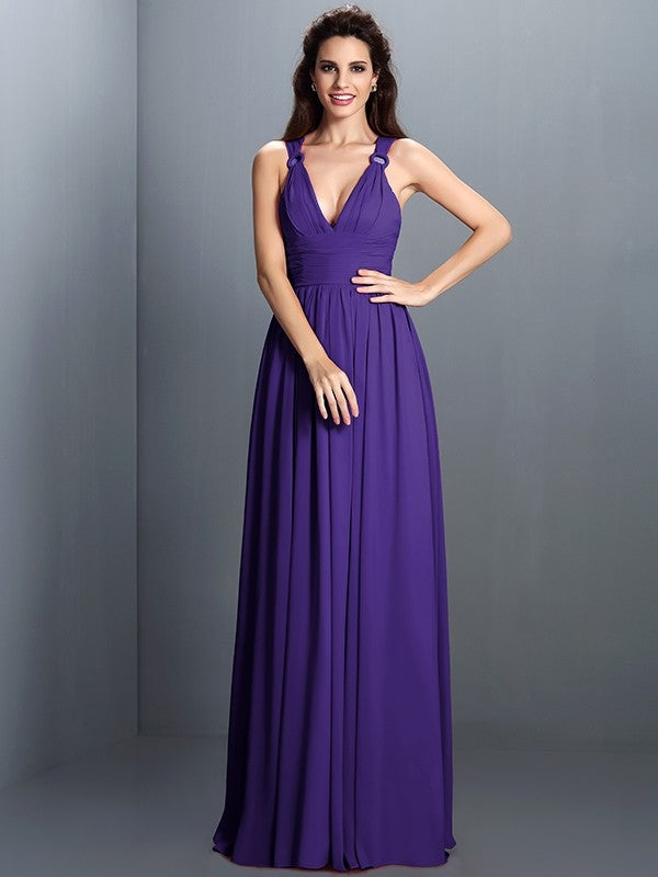 V-Neck Elegant Pleats Sleeveless Long Chiffon Bridesmaid Dresses