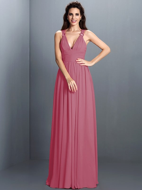 V-Neck Elegant Pleats Sleeveless Long Chiffon Bridesmaid Dresses