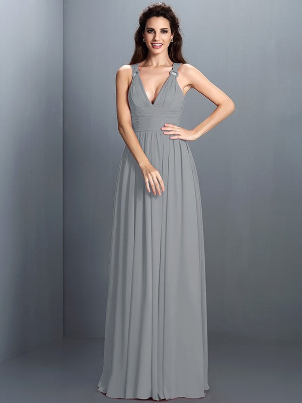 V-Neck Elegant Pleats Sleeveless Long Chiffon Bridesmaid Dresses