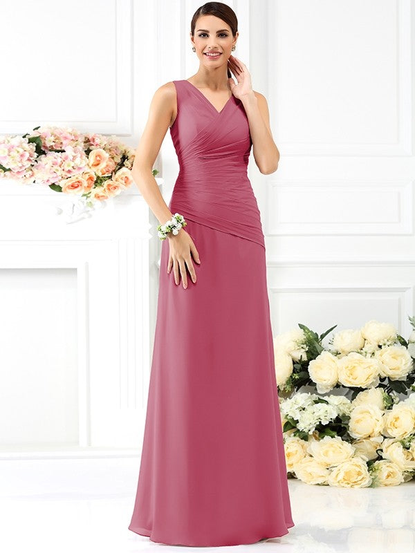 V-Neck Elegant Pleats Sleeveless Long Chiffon Bridesmaid Dresses