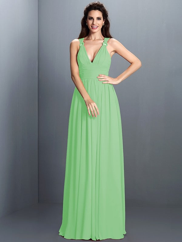 V-Neck Elegant Pleats Sleeveless Long Chiffon Bridesmaid Dresses