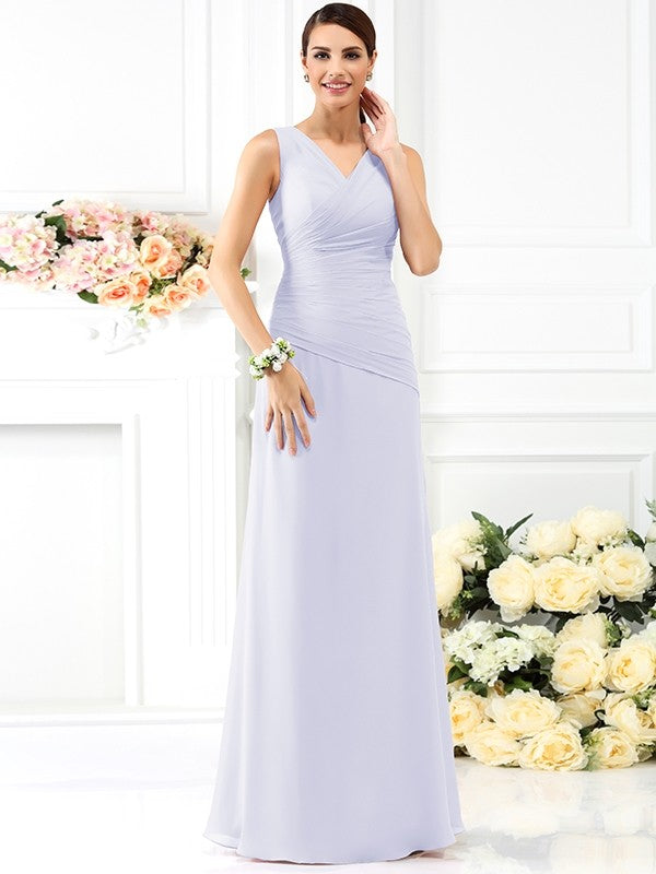 V-Neck Elegant Pleats Sleeveless Long Chiffon Bridesmaid Dresses