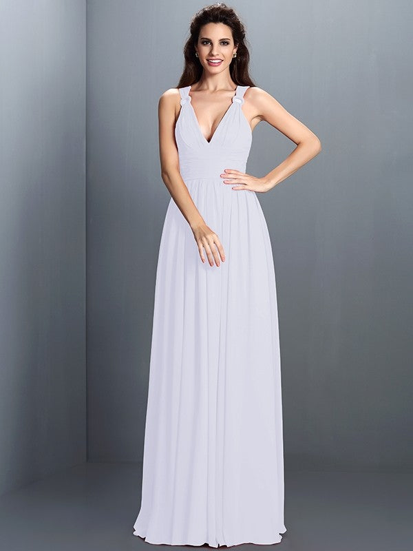 V-Neck Elegant Pleats Sleeveless Long Chiffon Bridesmaid Dresses