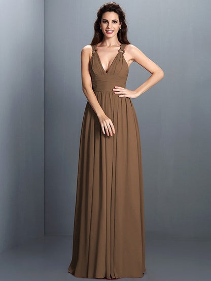 V-Neck Elegant Pleats Sleeveless Long Chiffon Bridesmaid Dresses