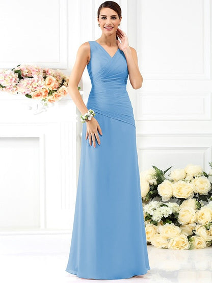 V-Neck Elegant Pleats Sleeveless Long Chiffon Bridesmaid Dresses