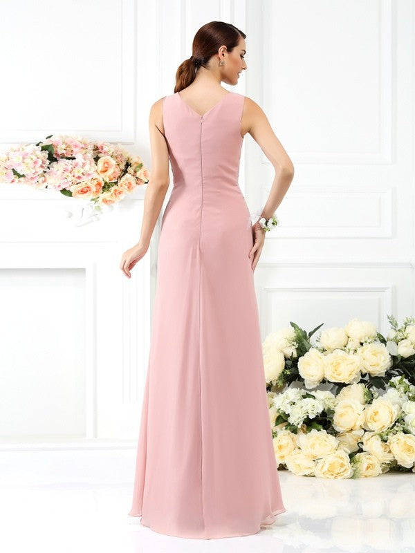 V-Neck Elegant Pleats Sleeveless Long Chiffon Bridesmaid Dresses