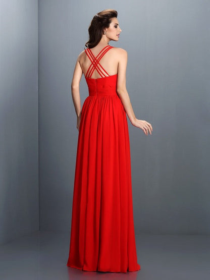 V-Neck Elegant Pleats Sleeveless Long Chiffon Bridesmaid Dresses