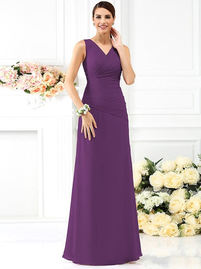 V-Neck Elegant Pleats Sleeveless Long Chiffon Bridesmaid Dresses