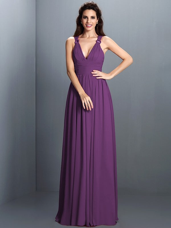 V-Neck Elegant Pleats Sleeveless Long Chiffon Bridesmaid Dresses