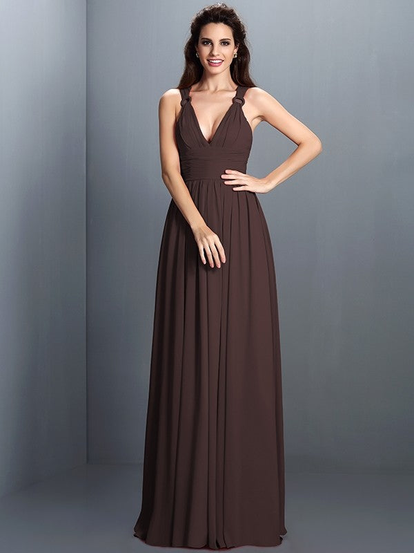 V-Neck Elegant Pleats Sleeveless Long Chiffon Bridesmaid Dresses