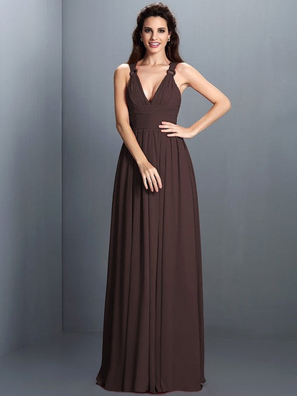 V-Neck Elegant Pleats Sleeveless Long Chiffon Bridesmaid Dresses