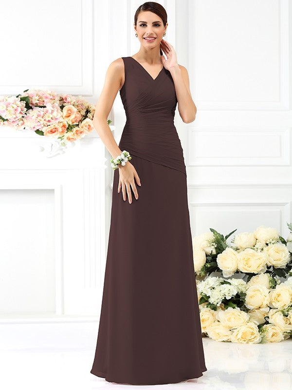 V-Neck Elegant Pleats Sleeveless Long Chiffon Bridesmaid Dresses