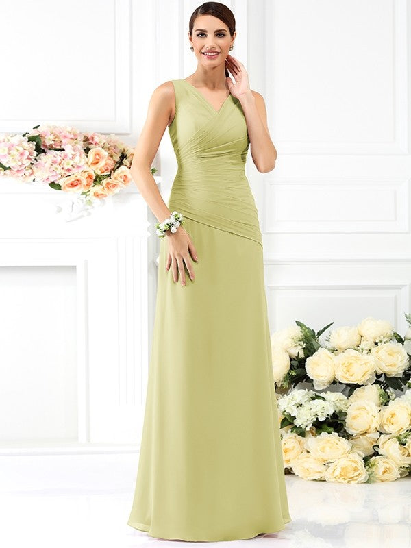 V-Neck Elegant Pleats Sleeveless Long Chiffon Bridesmaid Dresses